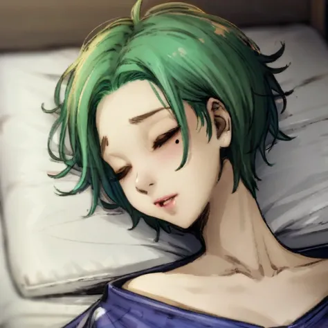 best quality, masterpiece, stella, short hair, green hair, blue eyes, a mole under left eye, sleeping on bed