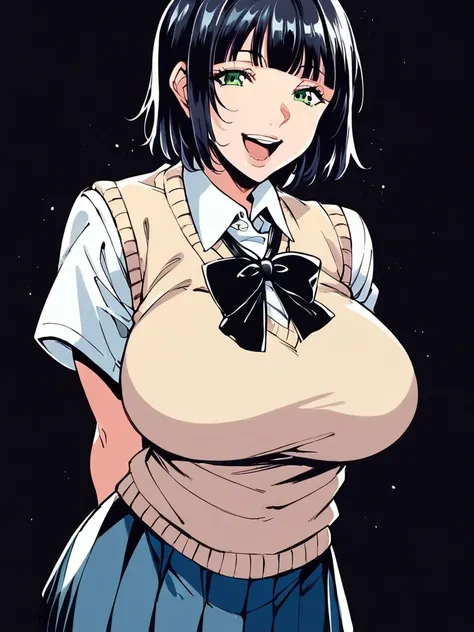 score_9, score_8_up, score_7_up,  
1girl, beige sweater vest, black bowtie, school uniform, large breasts, white shirt, short sleeves, pleated skirt, 
green eyes, black hair, medium, hair, blunt bangs, smile, open mouth, looking at viewer, arms behind back...