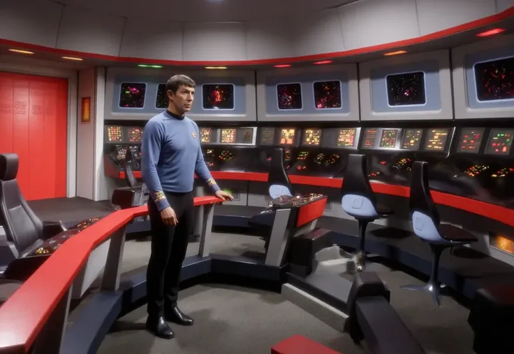 photo realistic, STTOSBridge interior, star ship control room, spock wearing a blue shirt standing in the foreground, red door to the middle, helm and con stations to the right, stations with chairs and controls scattered around the room <lora:STTOSBridge_...