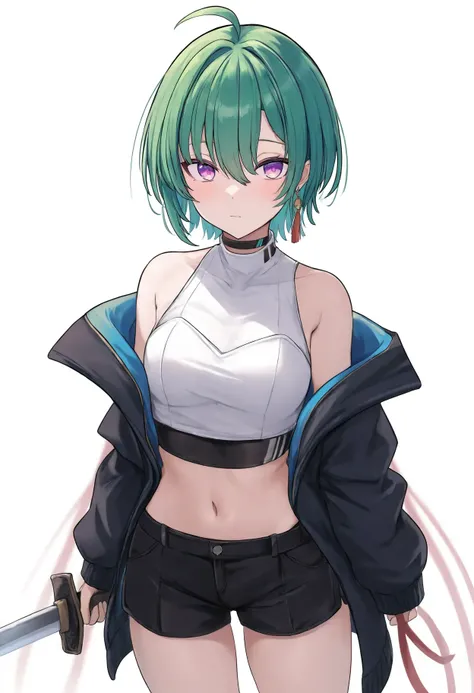 1other, ryuushen, nijisanji, 
dasiu, 
short hair, turtleneck, black choker, holding sword, shirt, sleeveless turtleneck, bare shoulders, shorts, earrings, purple eyes, solo, jewelry, holding weapon, jacket, closed mouth, virtual youtuber, long sleeves, sle...