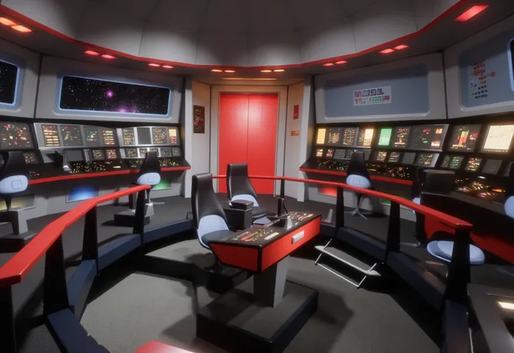photo realistic, STTOSBridge interior, star ship control room, captains chair to the middle, red door to the middle, helm and con stations to the right, stations with chairs and controls scattered around the room <lora:STTOSBridge_Flux_v1:1.3>
