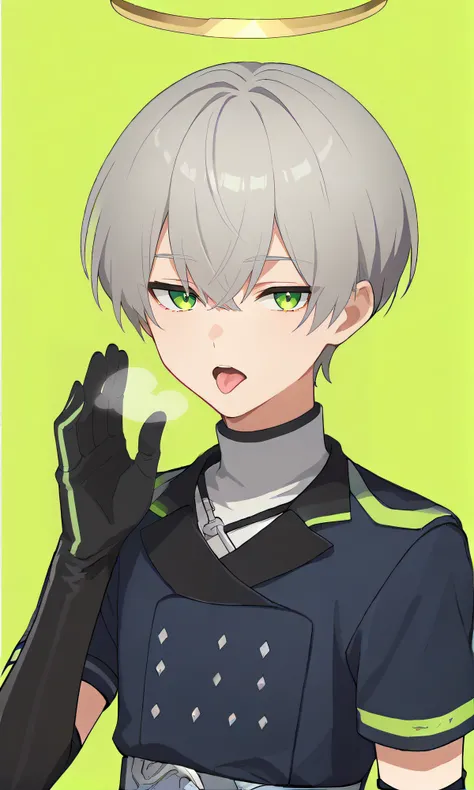 score_9, score_8_up, score_7_up, source_anime, rating_safe, intricate details, anime screencap, official style, anime coloring, 1boy, solo, <lora:Arene:1>, arene, grey hair, green eyes, short sleeves, black shirt, black elbow gloves, expressionless, lookin...