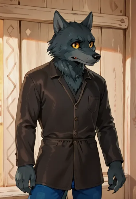 score_9, score_8_up, score_7_up, detailed eyes, w0lf, 1boy, solo, male focus, furry, wolf, yellow sclera, grey fur, closed mouth, brown shirt, blue pants, cowboy shot,