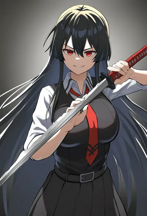 1girl, akame (akame ga kill!), akame ga kill!, 
bonz (bonz0616), 
shirt, short sleeves, smile, long sleeves, simple background, necktie, skirt, open mouth, breasts, jacket, white background, hand on own hip, solo, floating hair, sword, holding sword, long ...