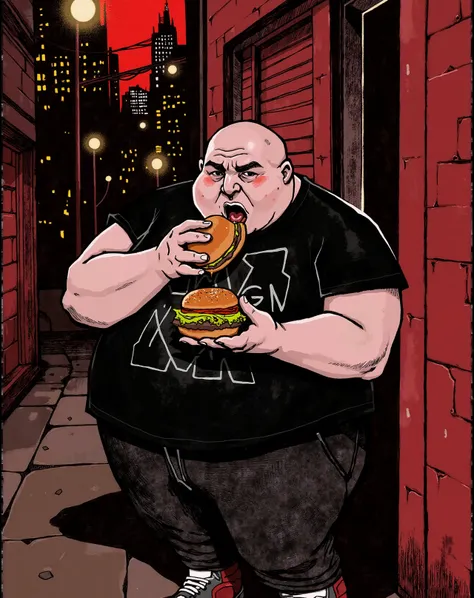 digital drawing in a dark gritty cyberpunk style Cyberpunk Tarot Style

An illustration of portrait of a fat chubby man eating an hamburger in the alley of a city