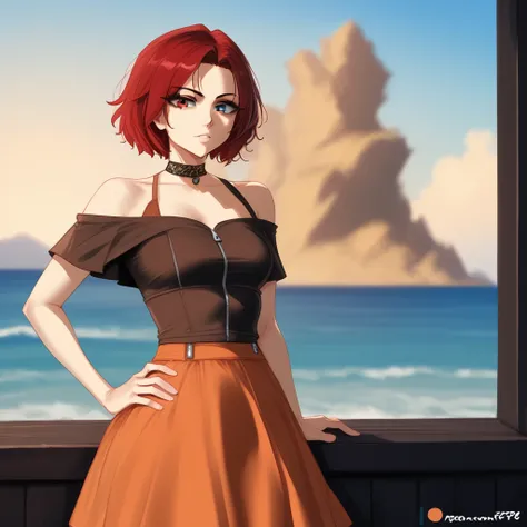 closed mouth, dress, outdoors, sitting, black shirt, day, zipper pull tab, orange skirt, jacket removed, red eyes, ocean, parted lips, brown bikini, denim, shorts, short sleeves, bare shoulders, red hair, patreon username, blue eyes, hand on hip, cowboy sh...