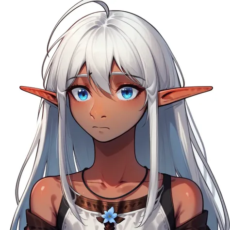 bare shoulders, long hair, long sleeves, simple background, ahoge, upper body, necklace, white background, collarbone, snout nose, looking at viewer, elf, tan skin, blue flower, lapanya