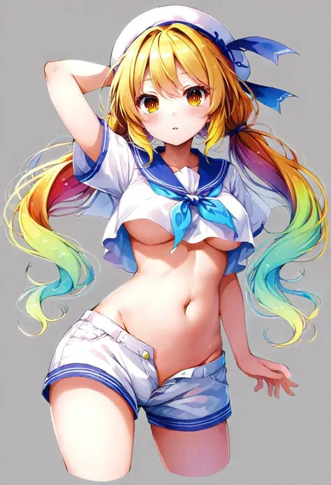 1girl, kitashirakawa chiyuri, touhou, touhou (pc-98), blonde hair, blue neckerchief, blush, breasts, cowboy shot, hat, large breasts, looking at viewer, midriff, navel, neckerchief, open fly, parted lips, sailor hat, shirt, shorts, simple background, solo,...