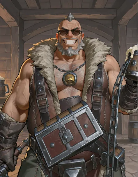 (2D,best quality,solo,straight-on,from front,looking at viewer,source_anime,cute,curvy,plump,lovely,guild,tavern), scar on face, weapon, muscular, holding,  leather waistcoat, amror, gloves, holding beer, fur trim, oger paymaster,gray hair,beard,mohawk,gri...