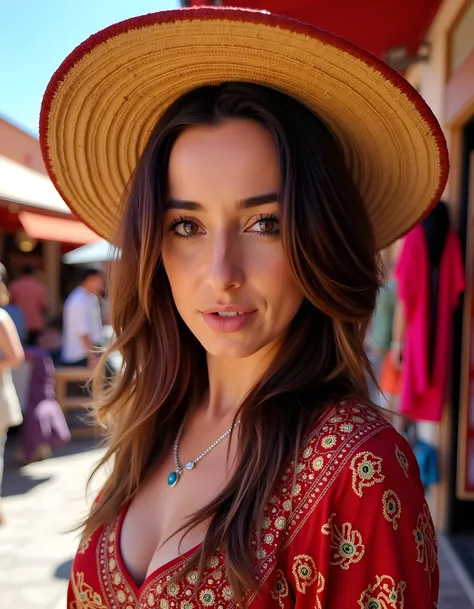 CHR15T1N4K, A close-up image captures a woman, her face framed by cascading waves of black, brown, and red hair, her piercing brown eyes filled with a sense of determination and melancholy. She stands against the backdrop of a vibrant, sun-drenched Morocca...