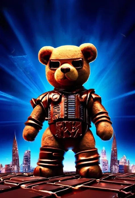 surrealist teddy bear in the style of the terminator standing in a city made out of chocolate. The composition is complex with multiple perspectives