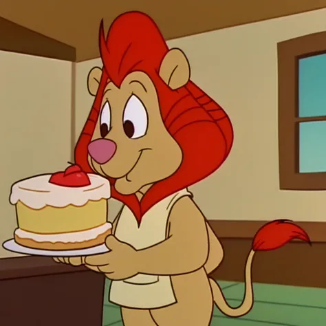 borislioncub, male, red mane, male focus, furry, 1boy, golden fur, brown eyes, tail, accurate, dining room, bib, eating cake, <lora:Boris_Oz_Kids:1>