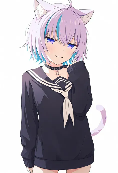 1girl, hololive, 
asou (asabu202), 
sailor collar, nekomata okayu (6th costume) (cosplay), sleeves past wrists, short hair, tail, cat ears, closed mouth, alternate hairstyle, animal ear fluff, ahoge, looking at viewer, collarbone, hand up, smile, virtual y...