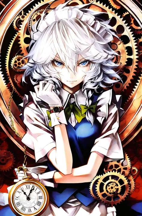 masterpiece, best quality, banpai akira, 1girl, izayoi sakuya, solo, watch, blue eyes, white hair, gloves, braid, twin braids, gears, maid headdress, pocket watch, white gloves, short hair, looking at viewer, upper body