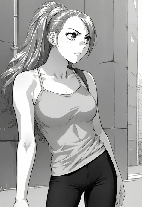 score_9, score_8_up, score_7_up, source_anime, 1girl, M1k1Yosh1no, long hair, ponytail, breasts, monochrome, greyscale, facing viewer, shirt, capri pants, <lora:Miki Yoshino-000008:1>