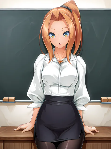 kaede,inoino,teacher outfit,standing,indoors,medium breasts,<lora:Kaede_-_Exs-Tia:1>,looking at viewer,:o,pantyhose,cowboy shot,, masterpiece,best quality,amazing quality,