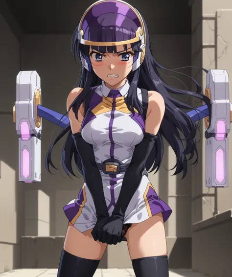 score_9, score_8_up, score_7_up,1girl,  solo,  anime screencap, highres  <lora:EDF_palewing_pdxl:1> palewing_armor, gold trim purple and white halter dress, black elbow gloves, jetpack, black thighhighs, palewing_helmet,visor up, blue eyes, black hair, lon...