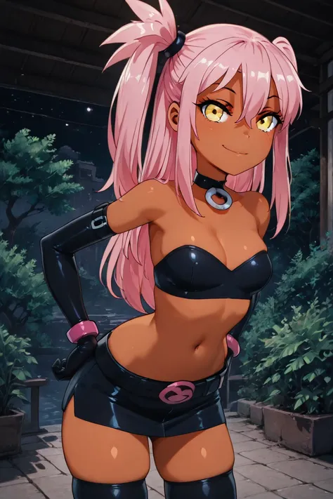 masterpiece, best quality, solo, curvy, beautiful eyes,,<lora:KuroEtnaCitronOCIXL:1.0>, zzKuroEtnaCitron, hair between eyes, yellow eyes, long hair, one side up, pink hair, dark skin, choker, elbow gloves, black gloves, navel, black skirt, big belt, thighh...