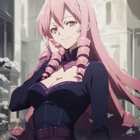 score_9,score_8_up,score_7_up, source_anime, masterpiece, best quality,inukai_isuke, black thighhighboots, 1girl, solo, long hair, pink hair, cleavage, breasts, smile, looking at viewer, drill hair, medium breasts