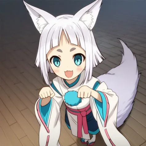 score_9, score_8_up, score_7_up, score_6_up, score_5_up, score_4_up, masterpiece, high quality, /K0n/, animal ear fluff, fox ear, fox tail, blue eyes, white hair, short hair, blunt bangs, hikimayu, flat chest, White haori, red ribbon,ribbon-trimmed sleeves...