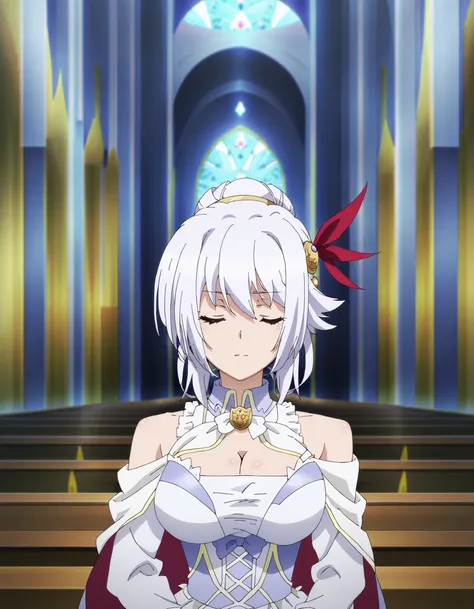 anime screencap, anime coloring, detailed face,
inside, in a church,
<lora:Eleonora_Viltaria_Lord_Marksman_and_Vanadis_-_Illustrious:1>Eleonora Viltaria, 1girl, solo, cleavage, large breasts, closed eyes, white hair, dress, hair ornament, cape, sitting, ba...