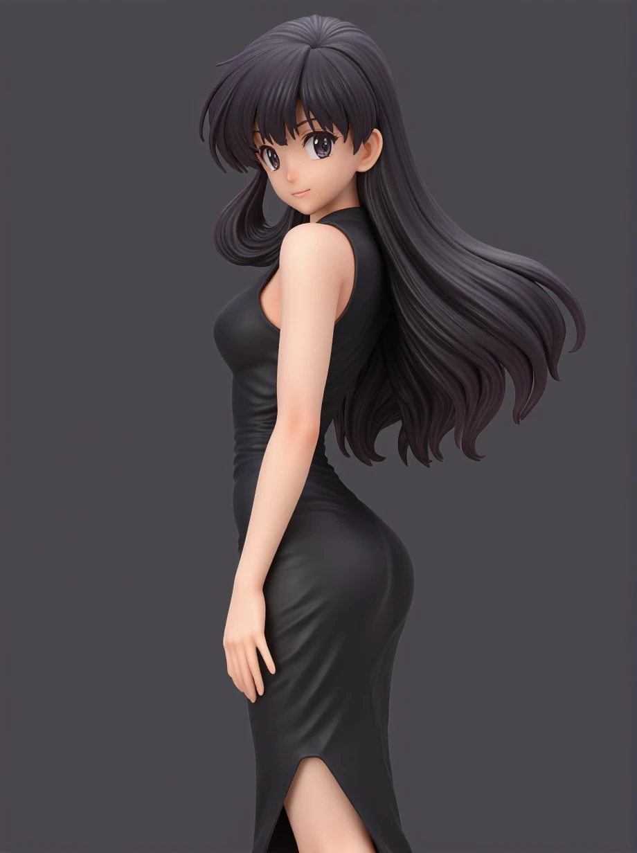 a 3D anime figure of a mature woman with long, flowing ebony hair, posed with a subtle back arch, wearing a fitted, sleeveless black dress with a high slit, her hair has a soft, shimmering translucency, on a plain dark grey background.