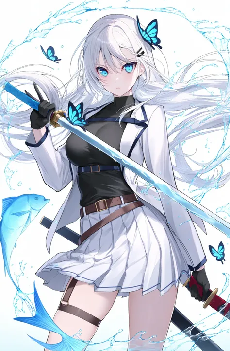 masterpiece, best quality, rag ragko, 1girl, long hair, solo, weapon, sword, skirt, jacket, white skirt, looking at viewer, white hair, white jacket, butterfly, gloves, water, holding, fish, bug, sheath, pleated skirt, holding weapon, breasts, thigh strap,...