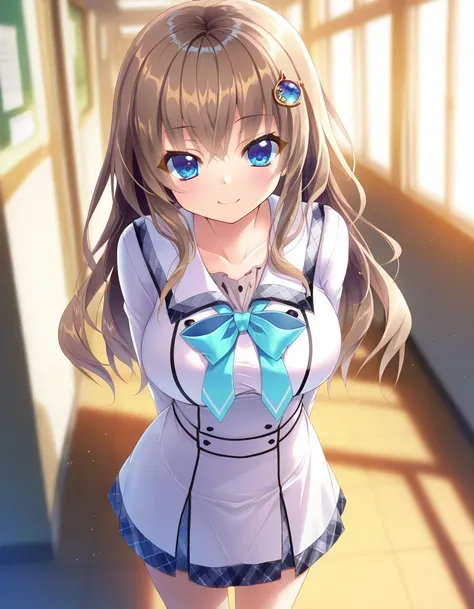 ,best quality, good quality,
,1girl,
school uniform, 
standing,smile,arms behind back, 
 <lora:ill-nine-miyako:1>miyako,blue eyes, long hair, brown hair, hair ornament, large breasts