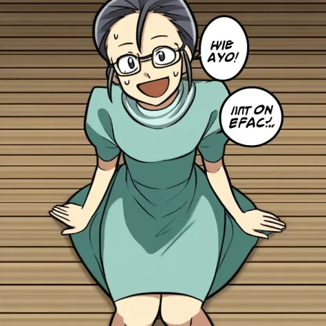 false smile, sweatdrop, wooden floor, speech bubble, sitting, dress, solo, open mouth, glasses, holding