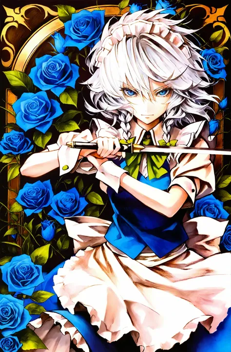 masterpiece, best quality, banpai akira, 1girl, blue rose, solo, blue flower, rose, izayoi sakuya, flower, blue eyes, white hair, apron, weapon, knife, maid headdress, braid, traditional media, waist apron, maid, holding, short hair, looking at viewer, swo...