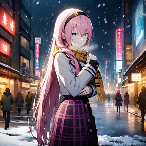 1girl, megurine luka, vocaloid, masterpiece, very aesthetic, absurdres, official art,
catinpocket, pink hair, very long hair, blue small eyes, perfect hand, 
(looking at viewer:1.4), smiling, closed mouth, standing, cowboy shot, from side, own hands togeth...