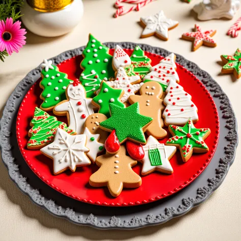 A red plate piled high with various Christmas cookies,  decorated with icing in festive colors.  The cookies include gingerbread men, Christmas trees, houses, candy canes, stars, snowflakes, and mittens.  The icing is vibrant, with greens, reds, browns, an...