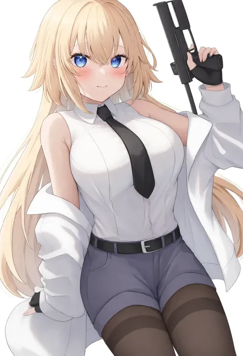 1girl, jeanne darc (girl from orleans) (fate), fate (series), 
hakumai (5fc), 
black gloves, holding weapon, thighband pantyhose, holding, denim, solo, weapon, pantyhose, white background, simple background, shorts, gloves, breasts, bullpup, handgun, black...