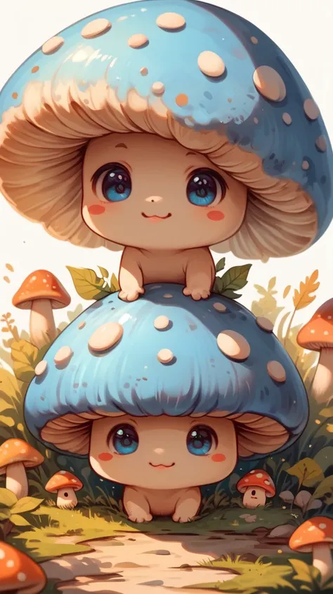 score_9, score_8_up, score_7_up, score_6_up,cute mushroom,simple background, white background, blue cap covered in white spot, chibi,kawaii eyes,kawaii mouth,red cheeks, no arms, no feet, grass, leaf, drawing
 <lora:cute_mushroom:1>