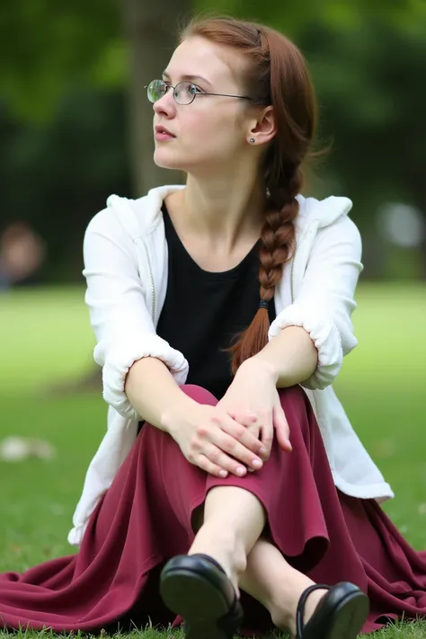 Full body photograph of a woman with small oval wire-frame glasses. She has brown hair in a long braid. She is wearing a black top, white jacket, burgundy skirt and mary jane shoes. She is sitting in a park with her legs in a figure four position, leaning ...