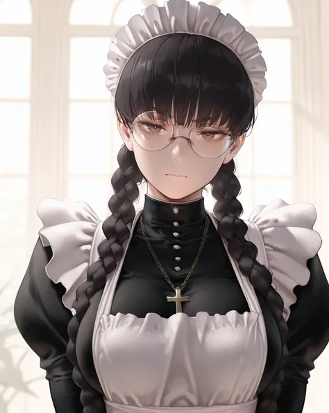 masterpiece,amazing quality,best quality,ultra-detailed,roberta,1girl,brown eyes,solo,glasses,breasts,maid,black hair,twin braids,looking at viewer,long hair,round eyewear,closed mouth,necklace,cross,apron,upper body,rimless eyewear,maid apron,<lora:robert...