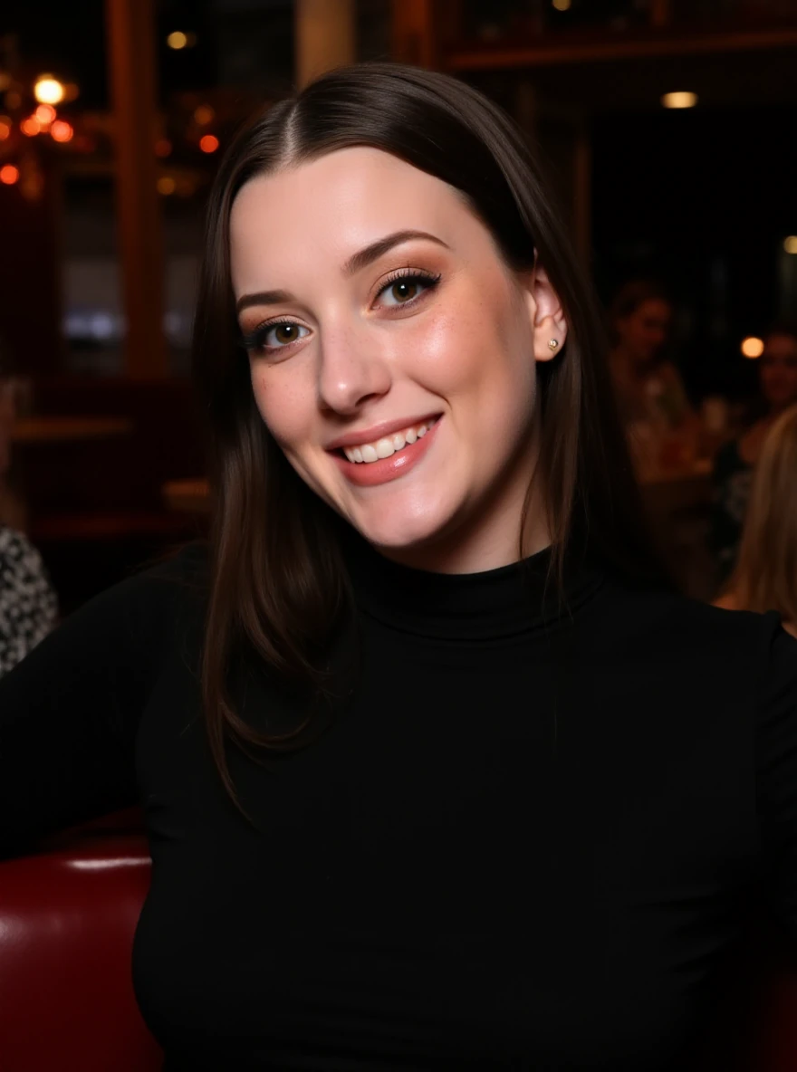 Portrait photo of ol1v14m4d1s0n woman, black turtleneck blouse, in a night club, makeup, smile

