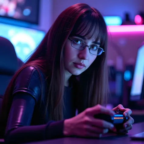 Create a highly detailed and visually stunning photograph of a beautiful female gamer in her late 20s, with a slim and athletic build. She is sitting confidently in a high-tech gaming chair, surrounded by a vibrant, futuristic gaming setup with neon lights...