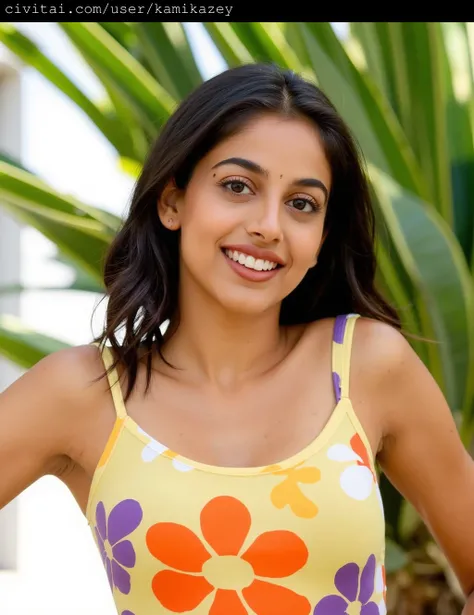 This is a photograph of banita_sandhu with long, wavy, dark brown hair and light brown skin. She is standing outdoors, with a blurred, lush green background of plants, possibly in a garden or park. The lighting is bright, suggesting that the photo was take...