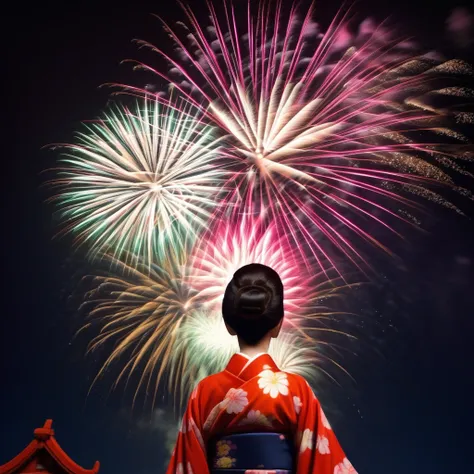 kimono, outdoors, sky, from behind, building, fireworks, night, glowing