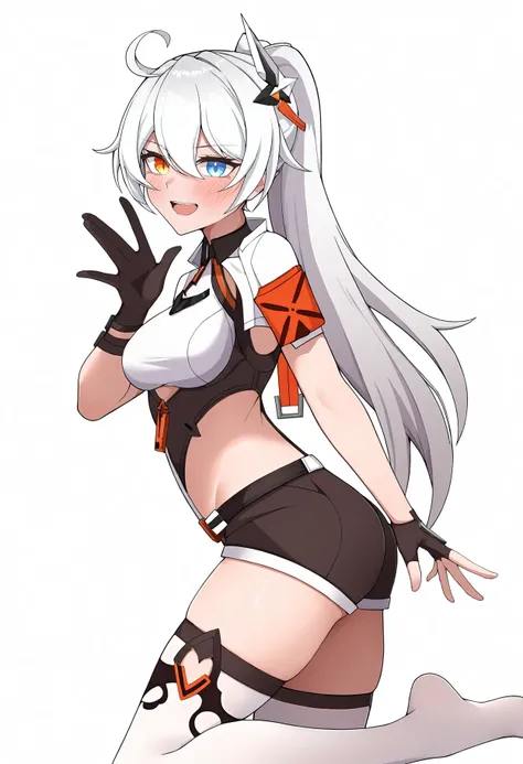 1girl, kiana kaslana (void drifter), honkai (series), 
nisanka futon, 
black gloves, grey hair, shorts, white background, heterochromia, antenna hair, smile, standing, long hair, crop top, very long hair, short sleeves, solo, thighhighs, high ponytail, blu...