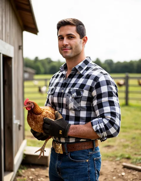 rjportales a man standing on a ranch. he is handsome. he is muscular. he is wearing a plaid button up shirt with rolled up sleeves. he is wearing work gloves. he is wearing blue jeans with a giant belt buckle. he is looking at you. he is smiling. he is car...