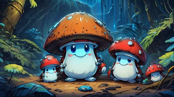 score_9, score_8_up, score_7_up,cute mushroom,1, boletus, brown hat, no legs, no arms, smile, red cap covered in white spot, big blue eyes, sci-fi, funny, neons, future, futuristic world, fantasy, detailed drawing , cute <lora:cute_mushroom:1>