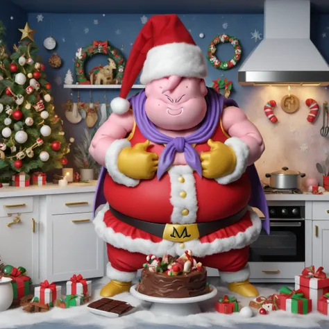 majinxmas, majin buu wearing a santa hat, cooking a chocolate cake in a cozy kitchen decorated with festivities decorations
 <lora:Majinbuu-festivex:0.8>