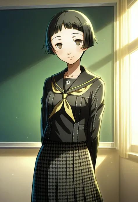 1 girl, solo, cute face,
p4ayane, short hair, blunt bangs, black hair, 
yasogami school uniform, school uniform, serafuku, skirt, houndstooth
classroom, standing, looking at viewer, smile, hands behind back,
masterpiece, best quality, ultra detailed,