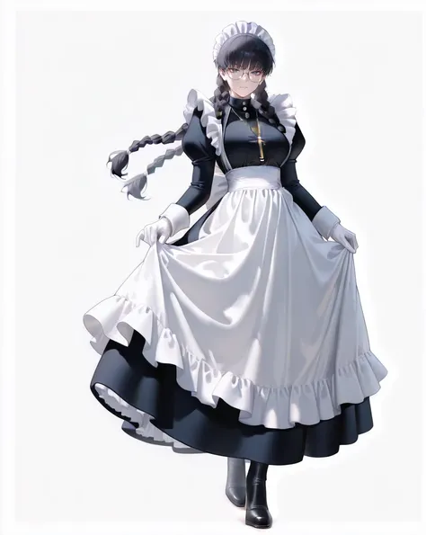 absurdres,newest,roberta,1girl,solo,maid,maid headdress,glasses,cross necklace,twin braids,gloves,apron,long hair,full body,black hair,white gloves,necklace,white background,maid apron,long sleeves,black footwear,looking at viewer,<lora:roberta_01:1>,