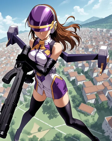 score_9, score_8_up, score_7_up,1girl,  solo,  anime screencap, highres  <lora:EDF_palewing_pdxl:1> palewing_armor, gold trim purple and white halter dress, black elbow gloves, black thighhighs, palewing_helmet, purple jetpack, visor down, covered eyes, br...