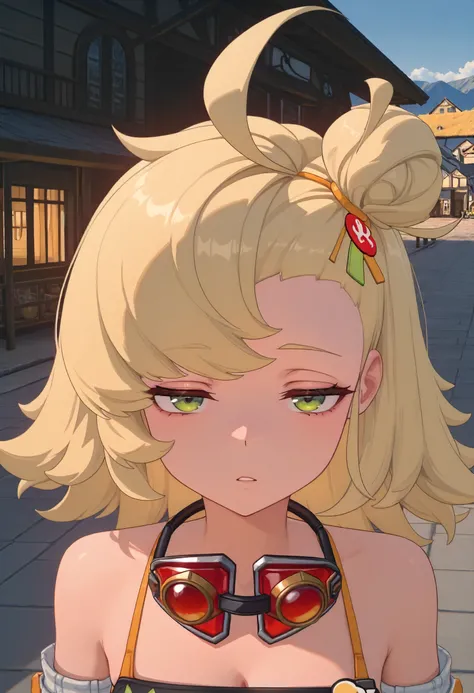 masterpiece, best quality, amazing quality, very aesthetic, absurdres, newest, scenery, volumetric lighting, perfect eyes, ultra detailed,
1girl, Piper Wheel, solo, blonde hair, ahoge, messy hair, hair bun, green eyes, 
black crop top, detached sleeves, sh...