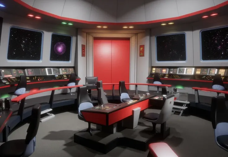 photo realistic, STTOSBridge interior, star ship control room, captains chair to the middle, red door to the middle, helm and con stations to the right, stations with chairs and controls scattered around the room <lora:STTOSBridge_Flux_v1:1.3>