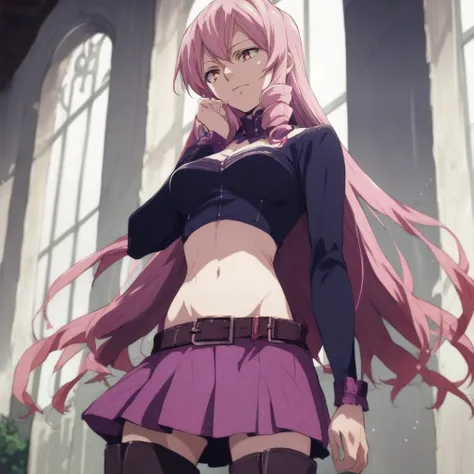 score_9,score_8_up,score_7_up, source_anime, masterpiece, best quality,inukai_isuke, black thighhighboots, 1girl, solo, thigh boots, skirt, long hair, boots, thighhighs, pink hair, navel, breasts